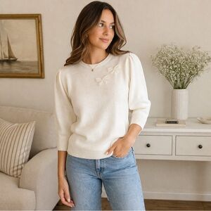 Vintage Alison J Bow Sweater Cream Knit Top Puff Sleeve Preppy Cottagecore USA M